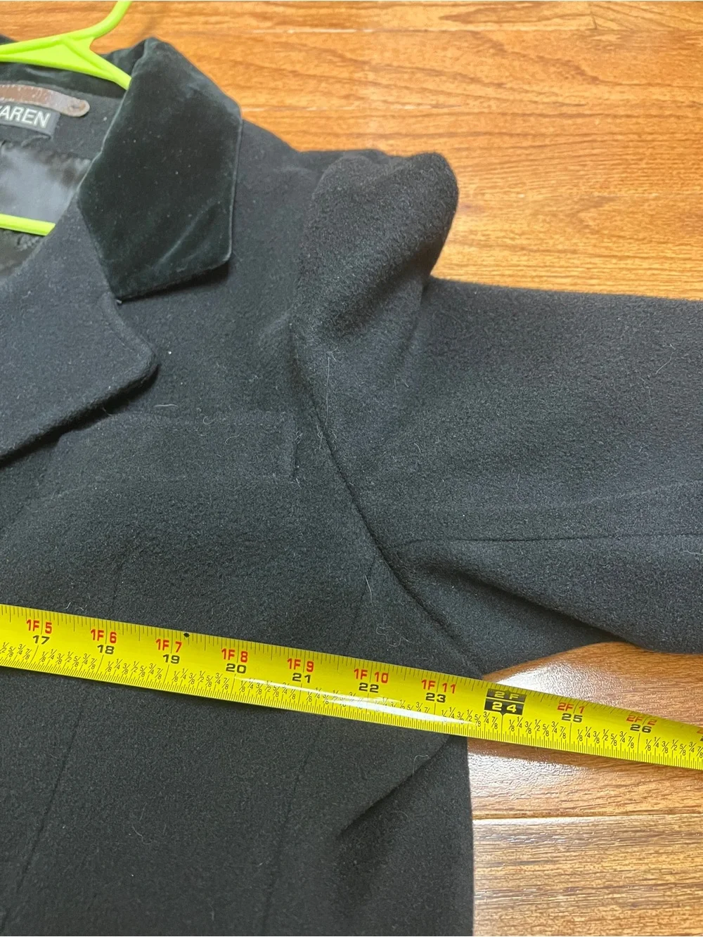 Classic Double-Breasted Black Wool Coat with velvet detail